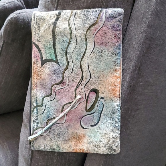VINTAGE 80S 90s LARGE WRISTLET HAND BAG CONTEMPORARY HAND PAINTED LEATHER - Picture 1 of 11
